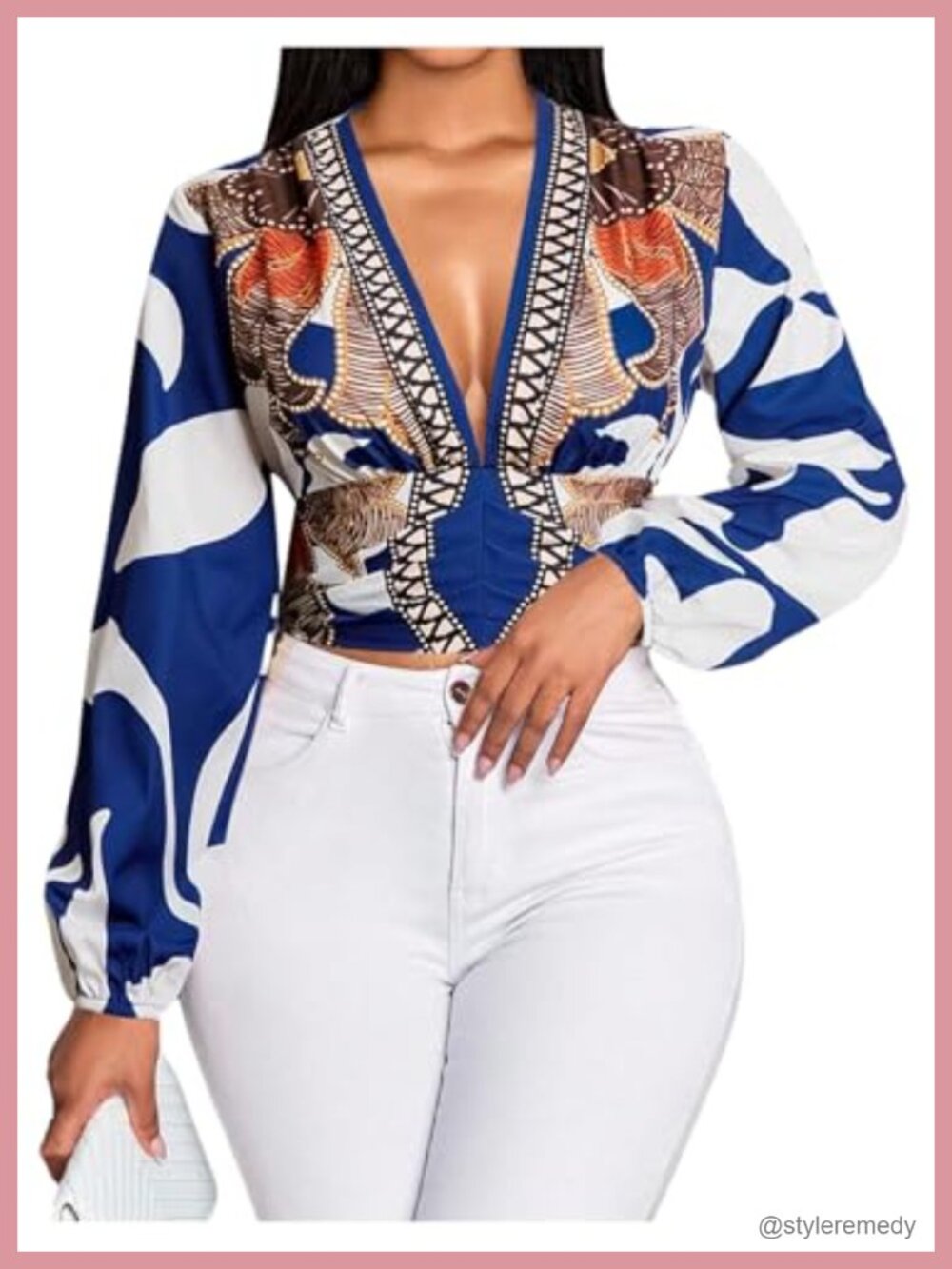 Boho Graphic Deep V Neck Bishop Sleeve Cinched Waist Blouse Top